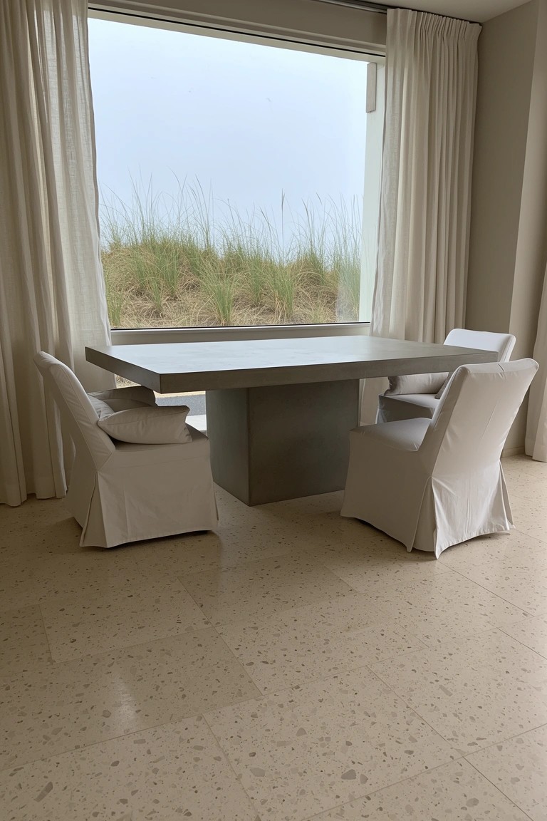 Gray concrete pedestal dining table with white skirted chairs in a light room facing large window to coastal dunes