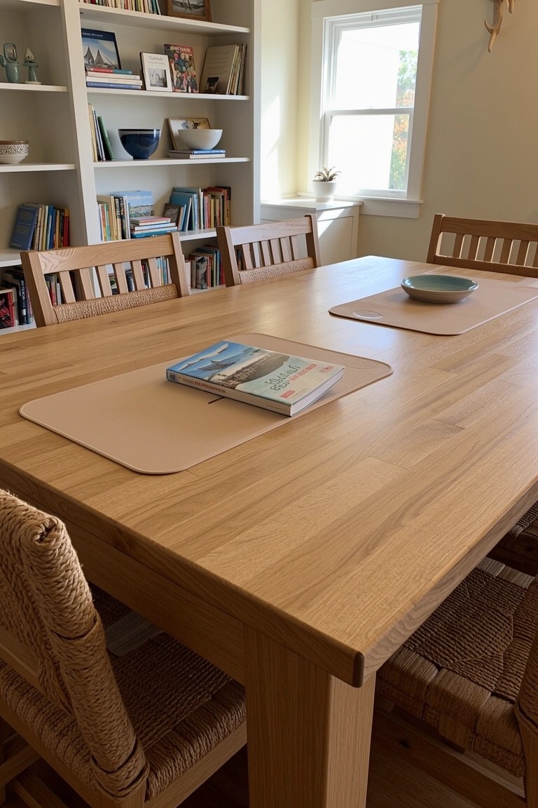 Coastal dining room with light wood bookshelves flanking an oak table, rattan chairs, placemats, and dishes on open shelves