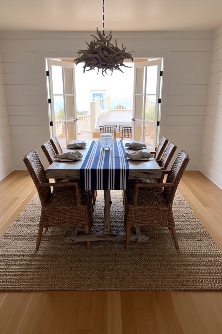 Coastal dining room with open French doors to ocean-view balcony, wooden table with blue striped runner, rattan chairs on seagrass rug