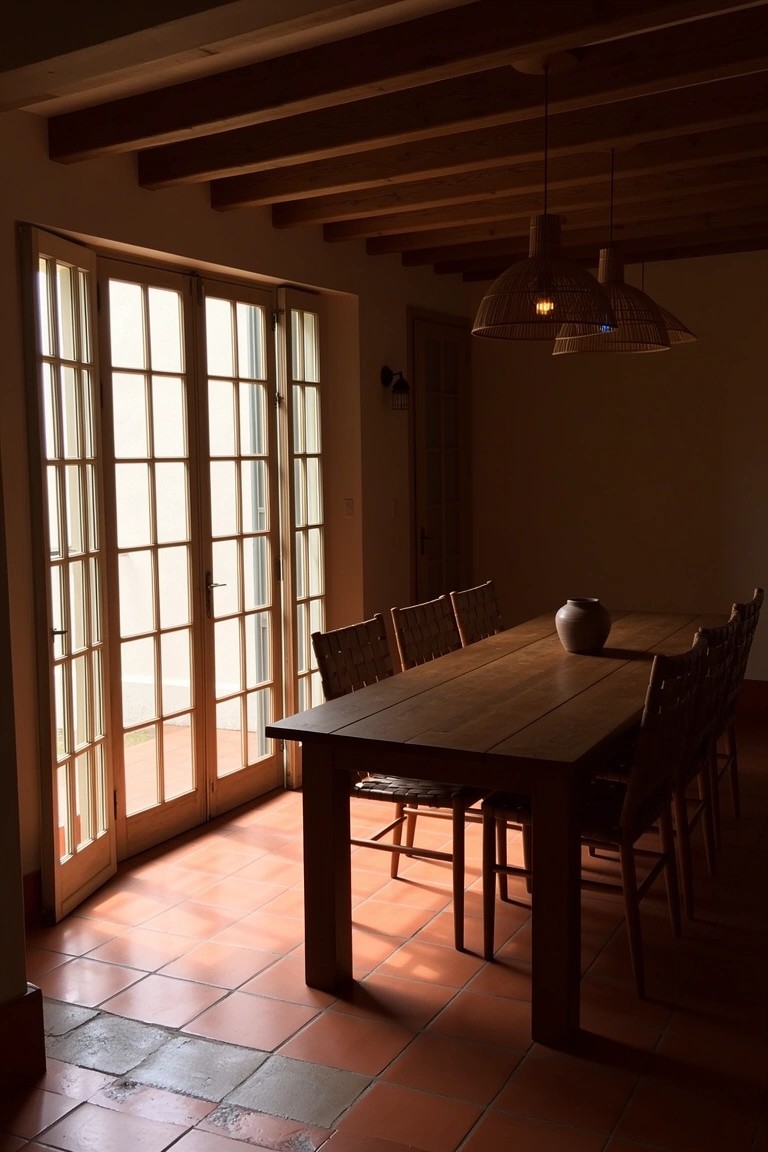 Rustic dining room featuring terracotta tile floors, wooden table with rush-seat chairs, exposed wood beams, and French doors allowing natural light