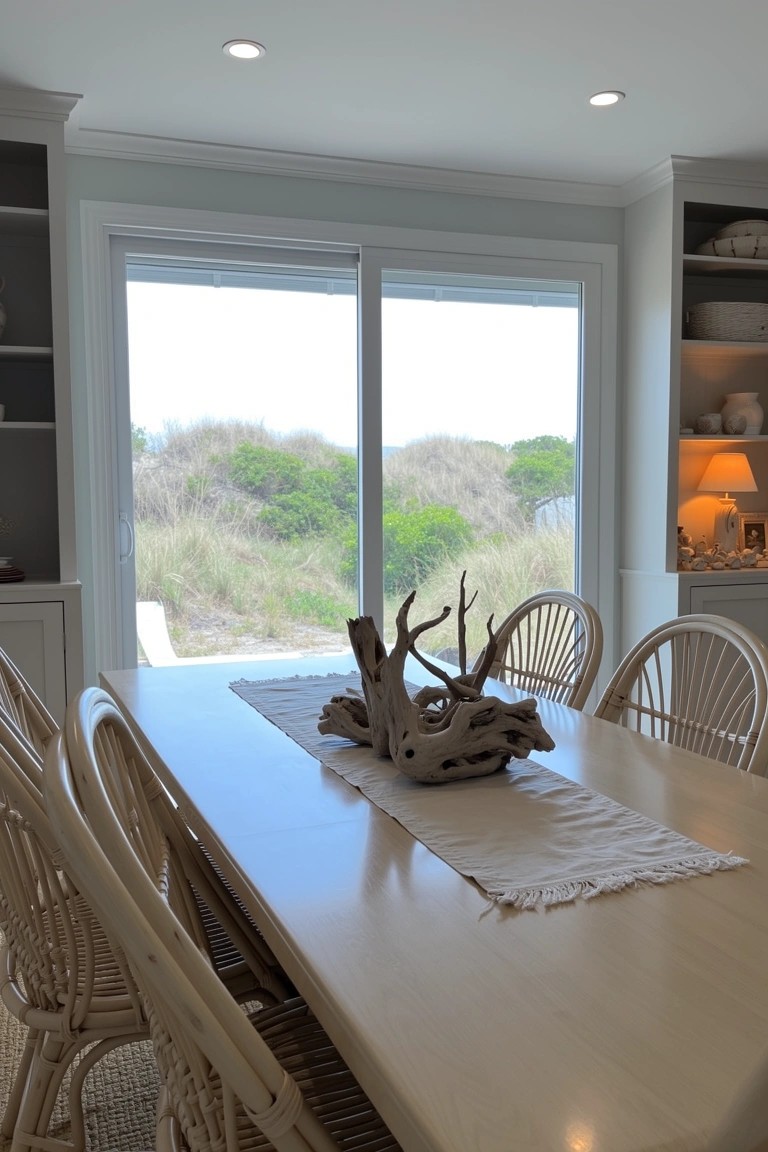 Light wood dining table with large driftwood centerpiece, white wicker chairs, and beach view through large windows