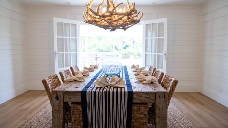 23 Chic Coastal Dining Room Ideas That Feel Fresh And Inviting Coastal dining room with open French doors to ocean-view balcony, wooden table with blue striped runner, rattan chairs on seagrass rug