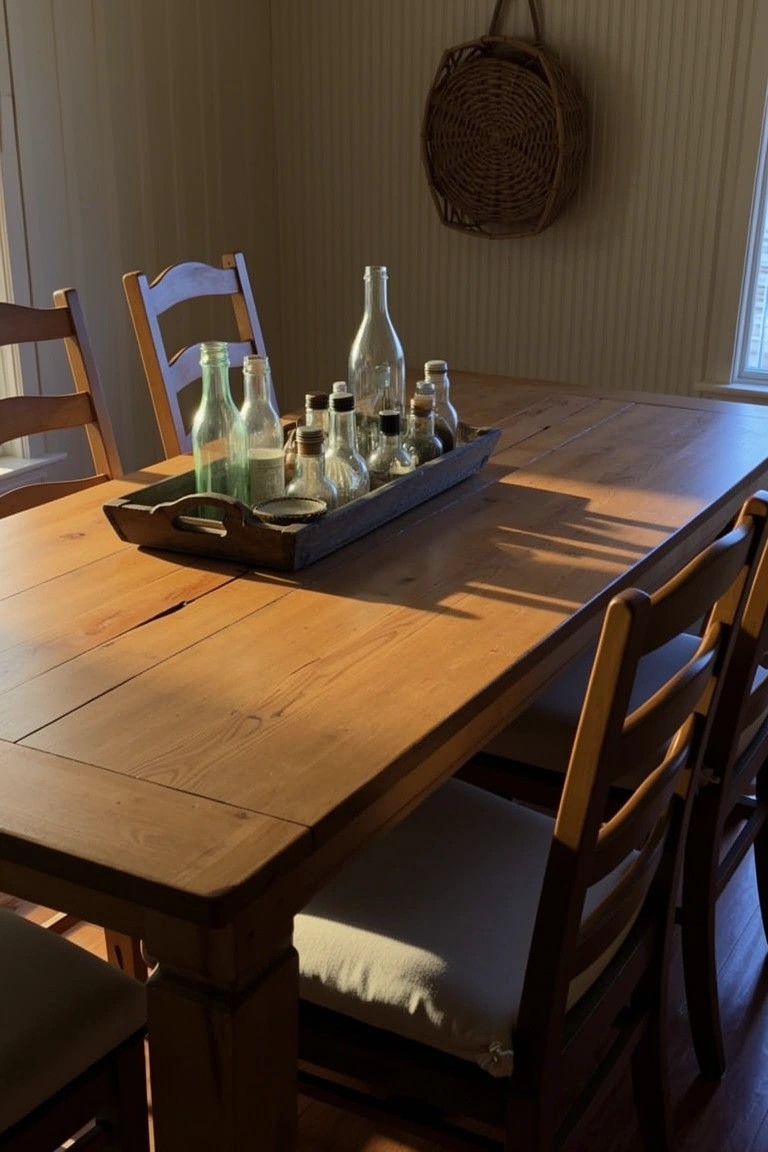 Wooden tray on coastal dining table holding assorted glass bottles in green and clear glass