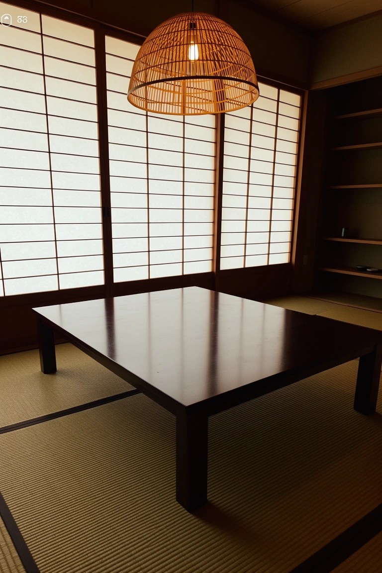 Low dark wood dining table on tatami mats in minimalist room with shoji screens and hanging bamboo lamp
