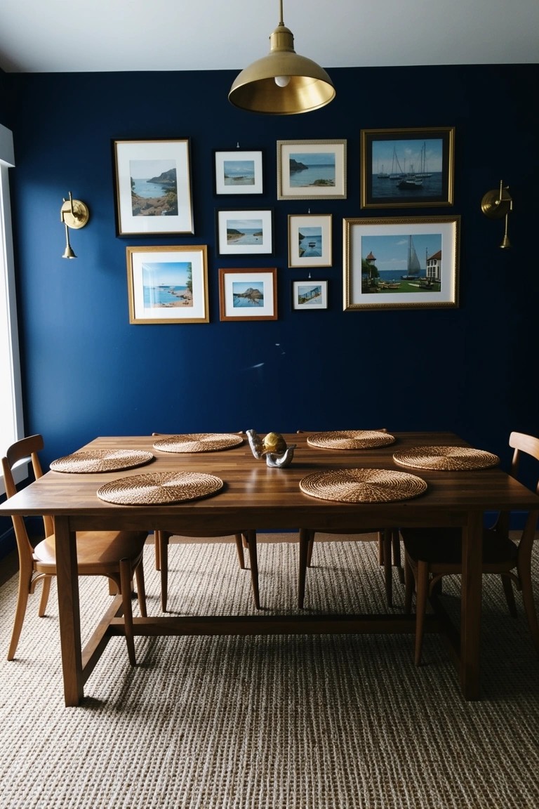 Dining room with deep navy wall holding gallery of gold-framed coastal sea and boat photos above wooden table with seagrass placemats