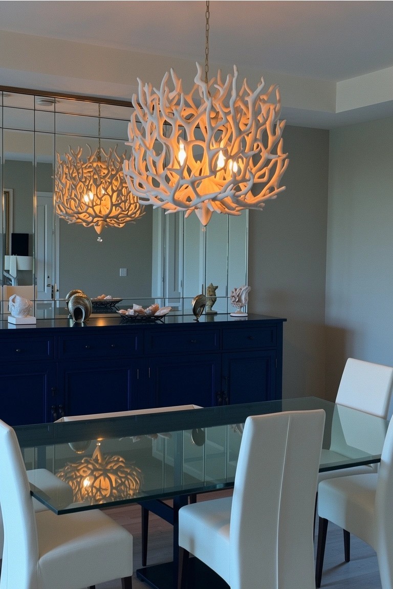 Coastal dining room with white branching coral chandelier reflected in mirrors above navy buffet cabinet, glass table, and white chairs