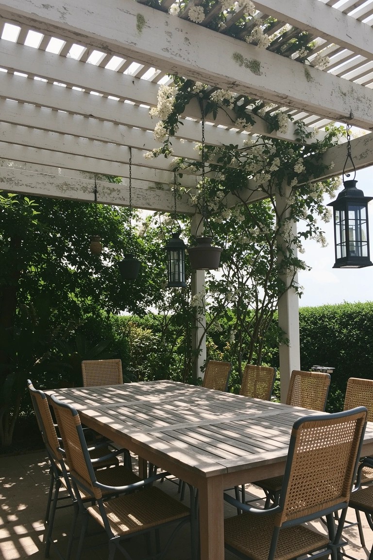 White pergola draped in climbing vines shading a wooden dining table with rattan chairs and hanging lanterns in a green garden setting