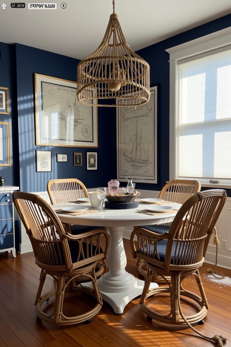 Navy blue corner dining room with rattan chairs around a white pedestal table and woven pendant light hanging above