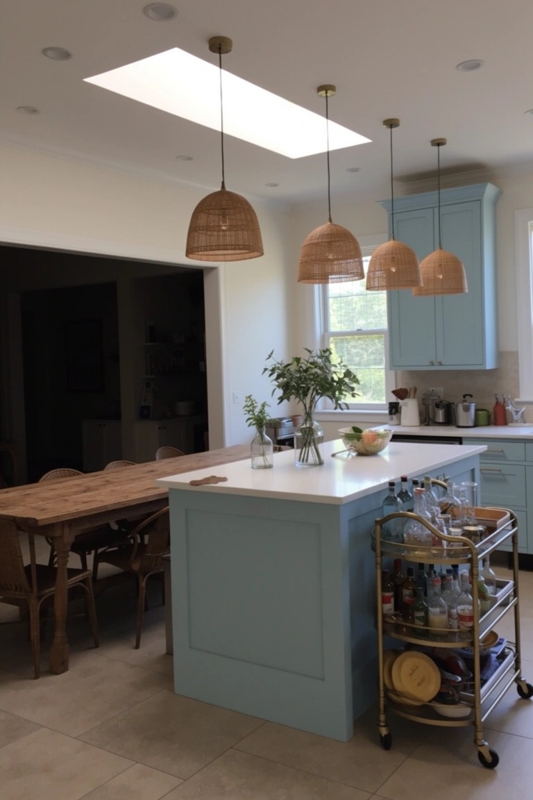 Coastal kitchen dining area featuring rattan pendant lights over a light blue island, wooden table with chairs, and bar cart on tile floor