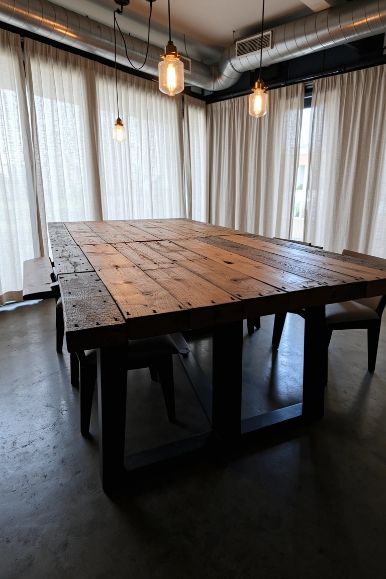 Long reclaimed wood dining table with black metal legs in a bright room with sheer curtains, pendant lights, and metal chairs