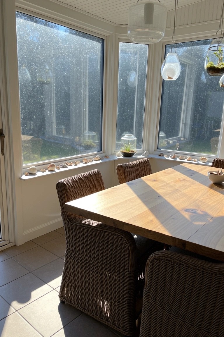 Bright sunroom dining area with wraparound windows, wicker chairs at a wooden table, shells on windowsills, and hanging terrariums