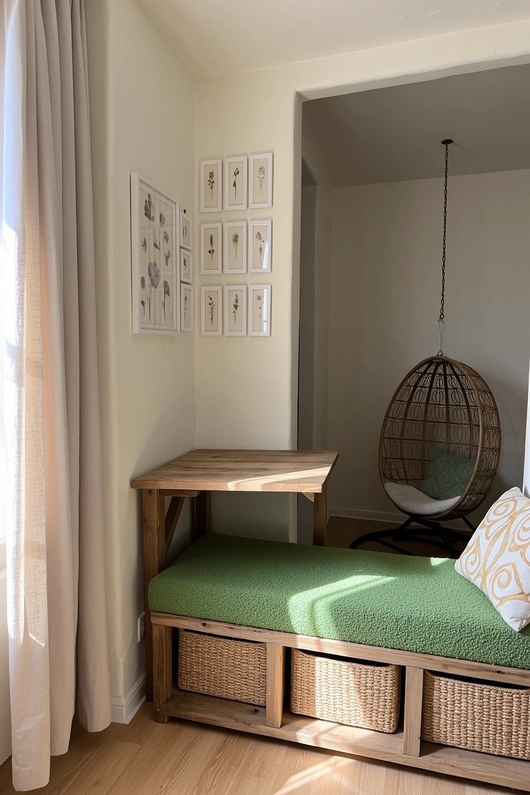 Wooden corner bench with green cushion, wicker storage baskets below, and attached side table in a light room