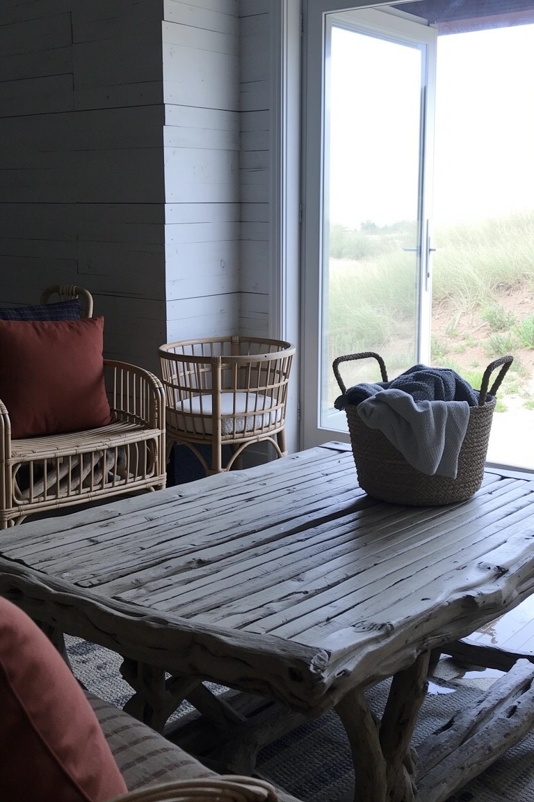 Rattan chairs and woven bassinet around a driftwood table in a white-walled room with open door to dunes