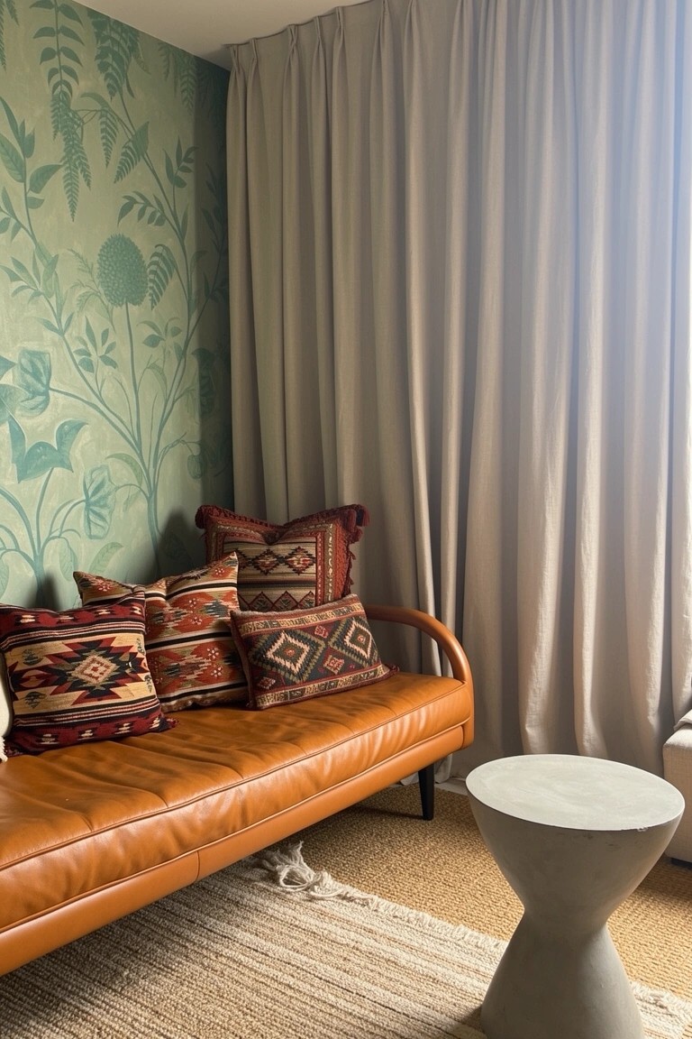 Tan leather bench with curved arms piled with red and orange patterned pillows against green leafy wallpaper, white stool table nearby, beige curtains at window