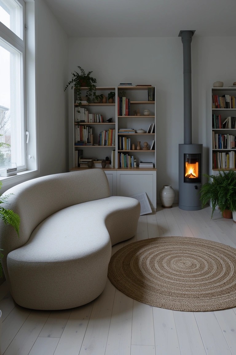 White curved sofa on round seagrass rug in front of wood stove, with plants and bookshelves on white walls