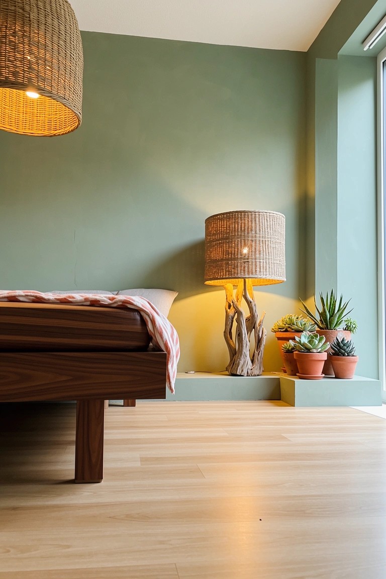 Bedroom corner with soft green walls, tall driftwood floor lamp next to wooden bed, hanging rattan lamp, and potted succulents on shelves