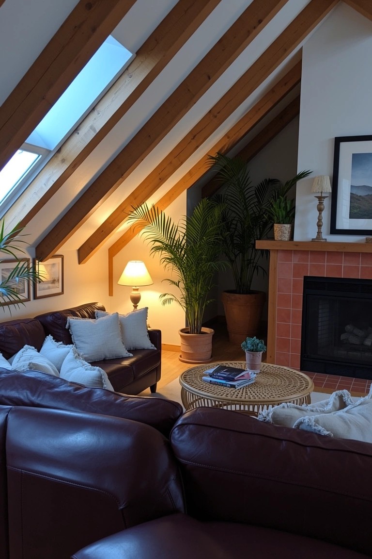Loft living room with exposed wooden beams, skylights, leather sofas, potted palms, coffee table, and brick fireplace