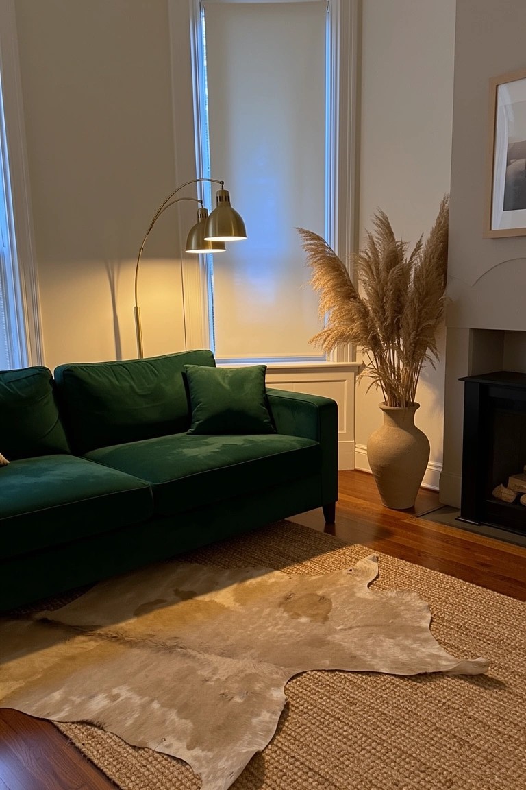 Living room corner with deep green velvet sofa, tall pampas grass in tall vase by fireplace, cowhide rug on hardwood floor, and brass arched lamp