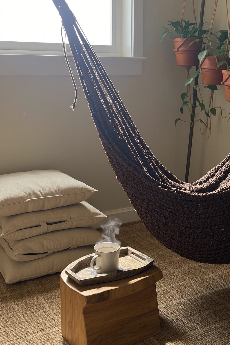 Earthy boho living room corner with brown braided hammock chair hanging from ceiling, stack of white pillows on floor, wooden tray table with steaming mug, and hanging plants by window