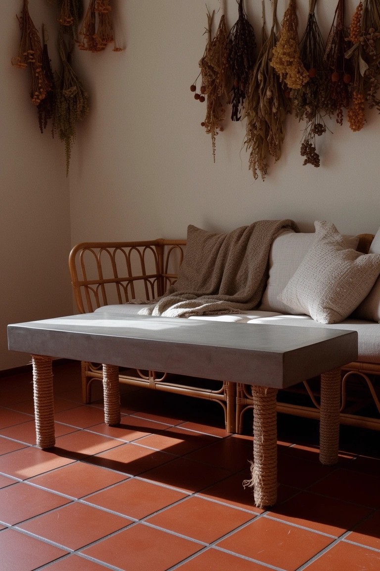 Bundles of dried grasses hanging on white wall above rattan bench and concrete table in cozy living room corner