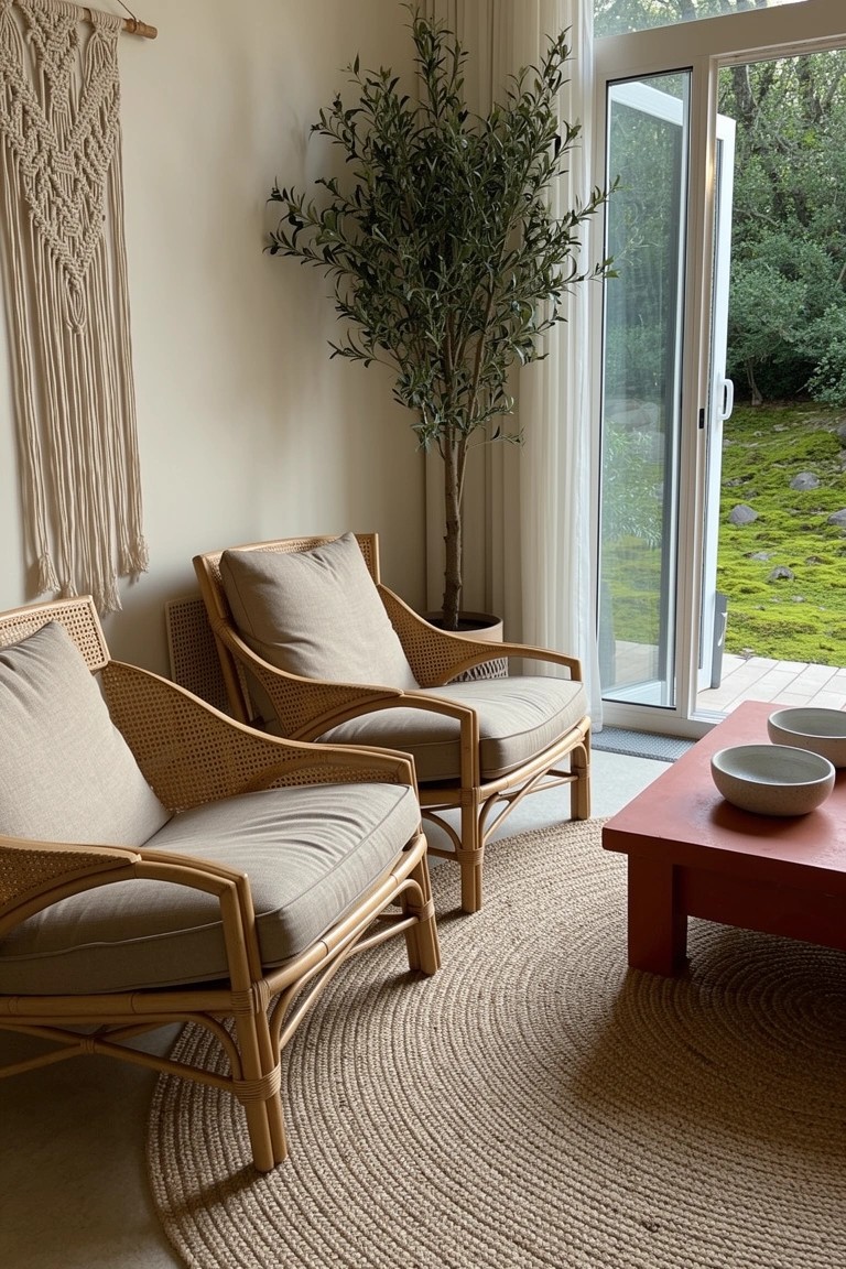 Two beige-cushioned rattan armchairs on a round jute rug next to open sliding glass doors overlooking a garden, with a potted olive tree and macrame wall hanging