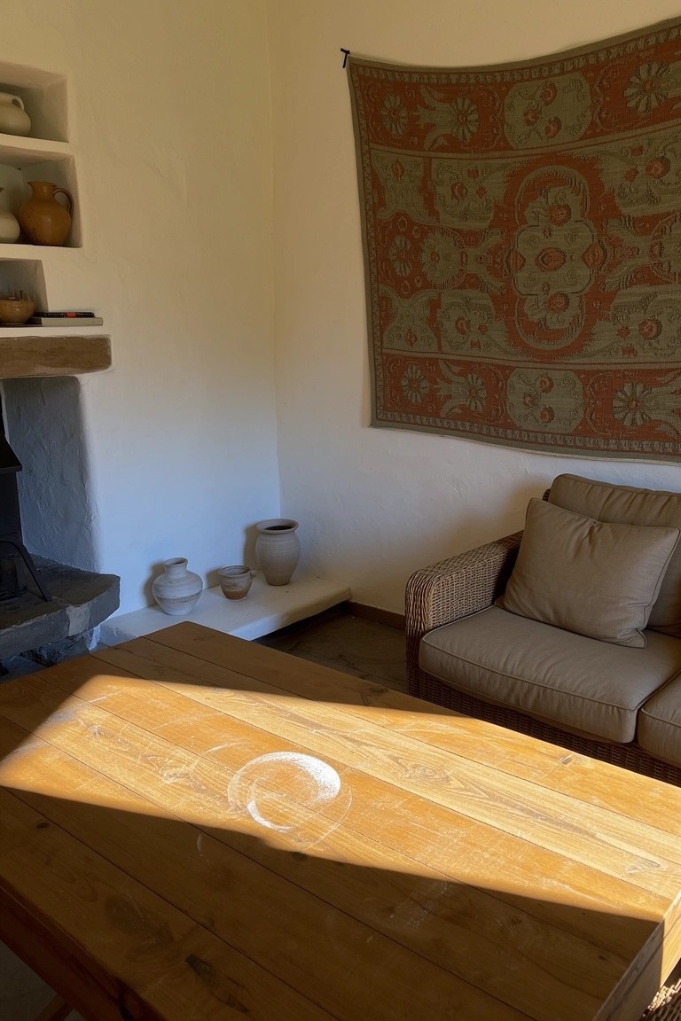 Cozy living room corner featuring a large earthy-toned woven tapestry on white wall beside stone fireplace, with terracotta pottery on wood shelves and a rustic wooden table in sunlight