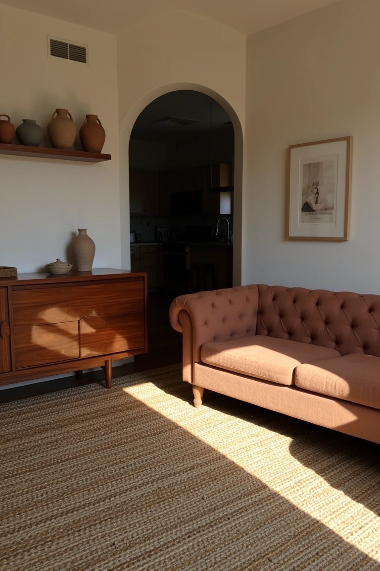 Open wood shelf displaying assorted terracotta jars above a wooden credenza in a light-filled living room corner with tufted sofa and seagrass rug