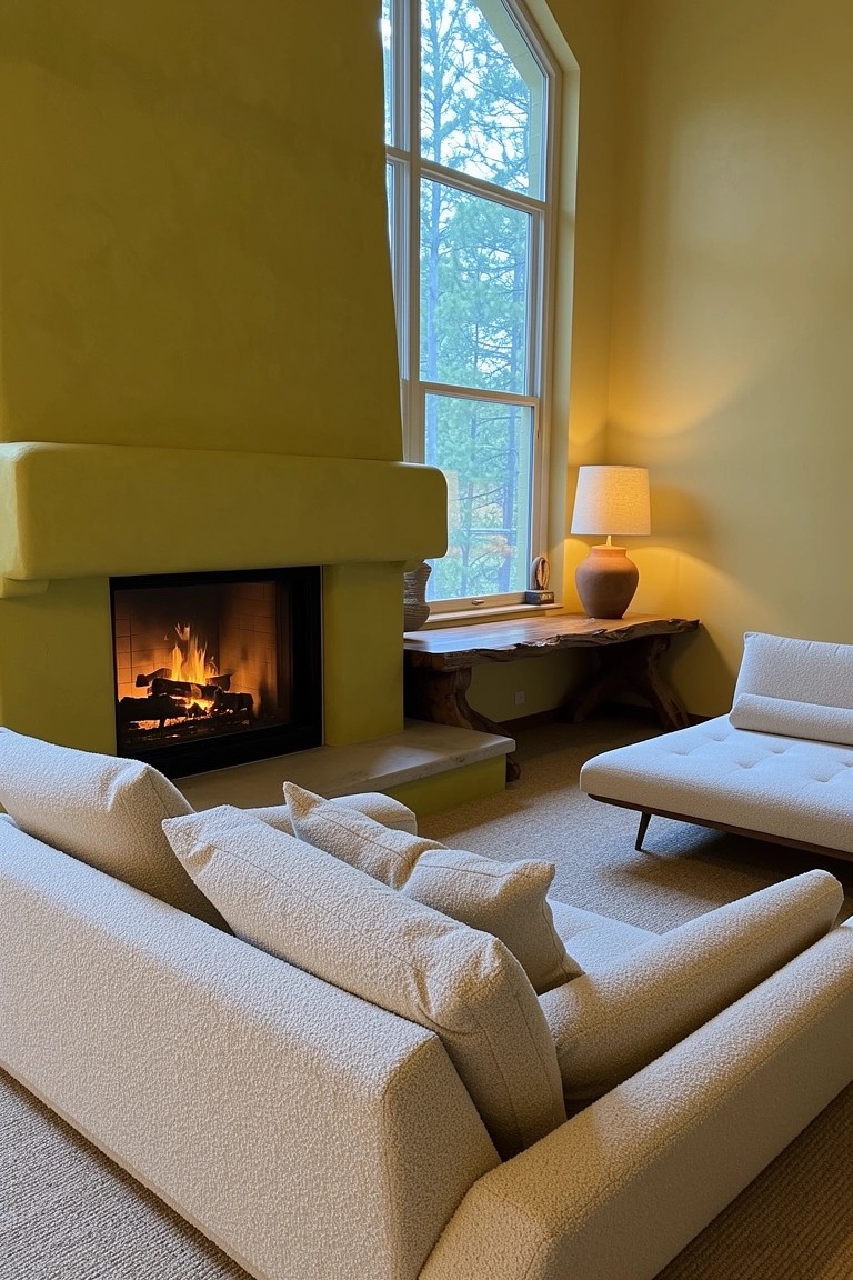 Cozy living room corner with mustard yellow adobe-style fireplace wall, burning fire, white sofa with pillows, wooden bench, lamp, and large window
