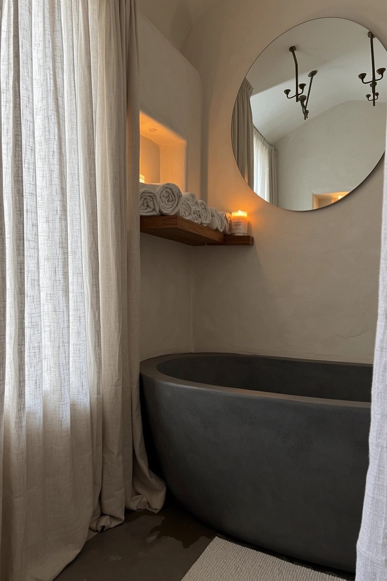 Cozy bathroom nook with matte black freestanding tub, wooden shelf stacked with white towels and candles, sheer linen curtains, and round mirror on cream walls