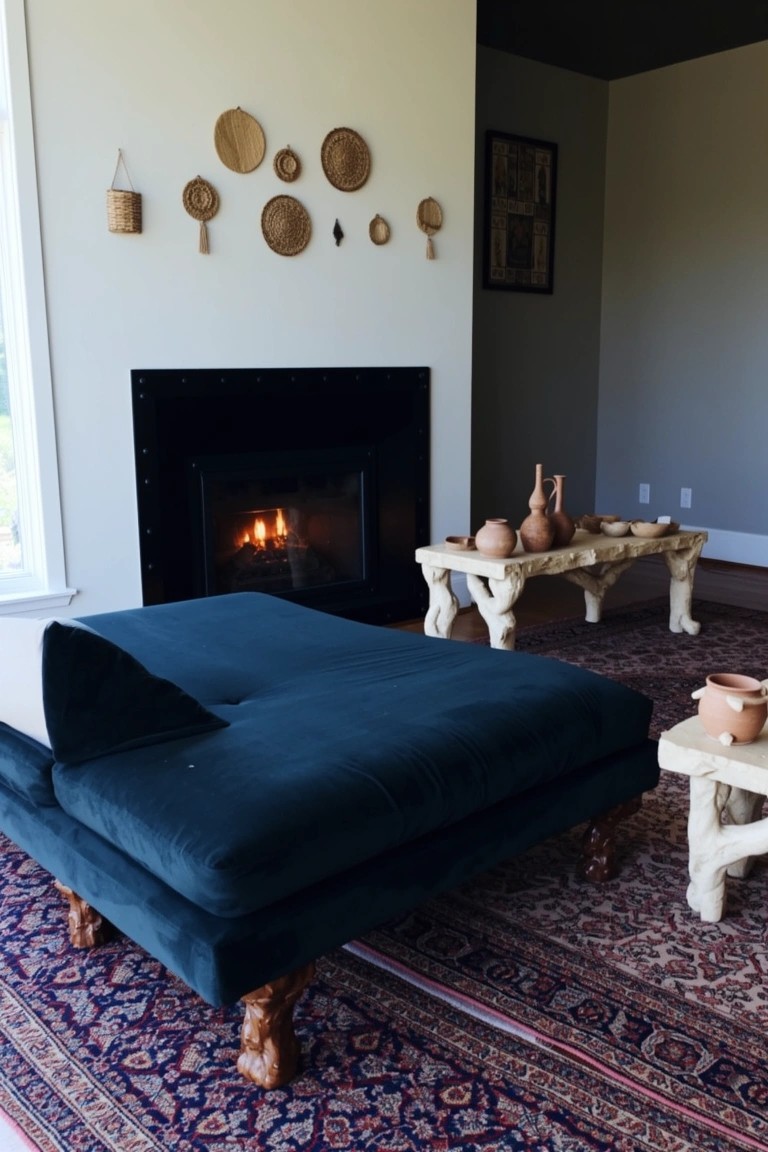 Navy velvet chaise lounge in front of a lit fireplace with rustic wood benches and pottery accents on a patterned rug in a boho living room
