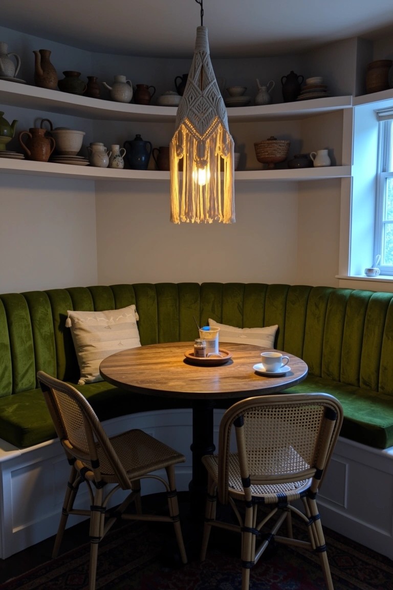 Green velvet corner banquette around a round wooden table with rattan chairs and macrame pendant light in a boho kitchen nook
