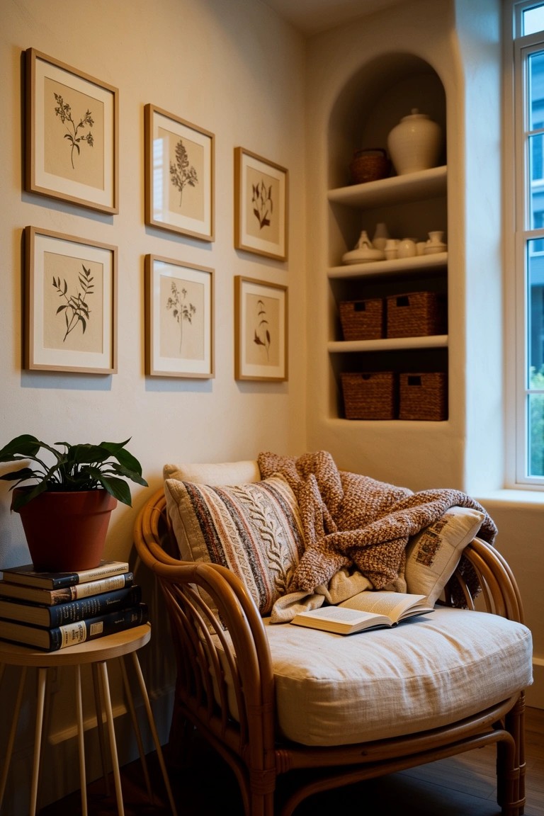 Wicker armchair in sunny corner with cushions, throw, books, potted plant, and botanical wall art