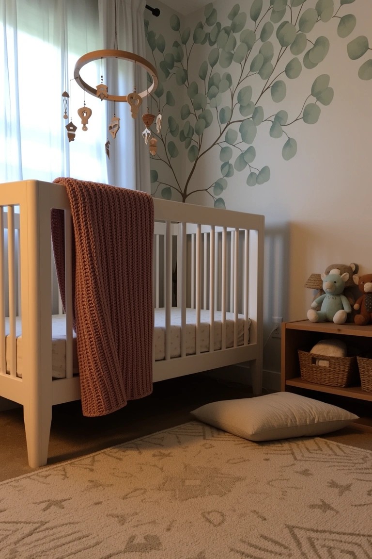White wooden crib with rust knit blanket in boho nursery, green eucalyptus leaf mural on wall, hanging mobile and teddy bears on shelf