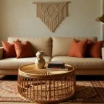 Neutral living room corner featuring a large cream macrame wall hanging above a beige sofa with rust pillows and a round rattan coffee table on a patterned rug