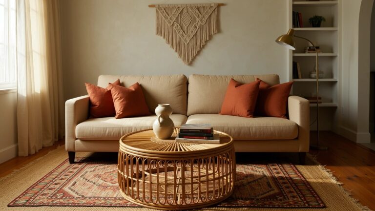 24 Elegant Boho Chic Interior Design Ideas For A Refined Look Neutral living room corner featuring a large cream macrame wall hanging above a beige sofa with rust pillows and a round rattan coffee table on a patterned rug