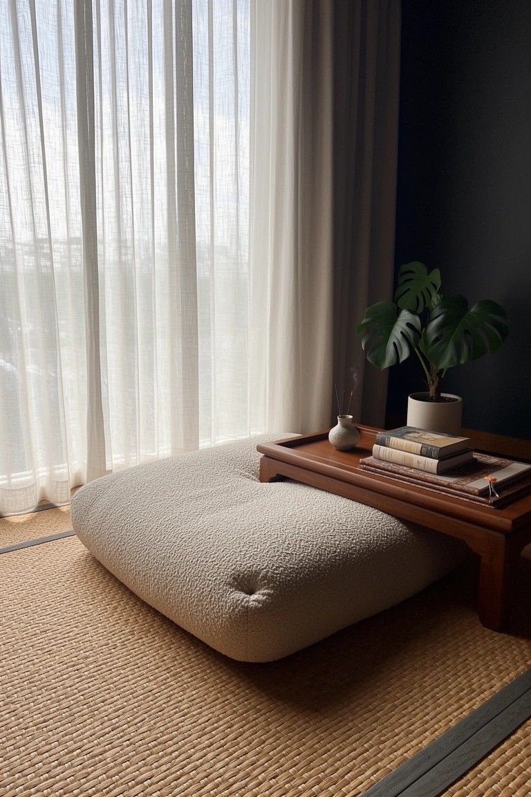 Plush white floor cushion on tatami mat with wooden tray table holding books and vase, monstera plant nearby, sheer curtains in corner