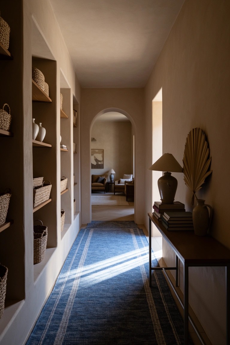 Boho chic hallway with recessed beige wall niches holding woven baskets and pottery, blue striped runner rug, wooden console table with lamp