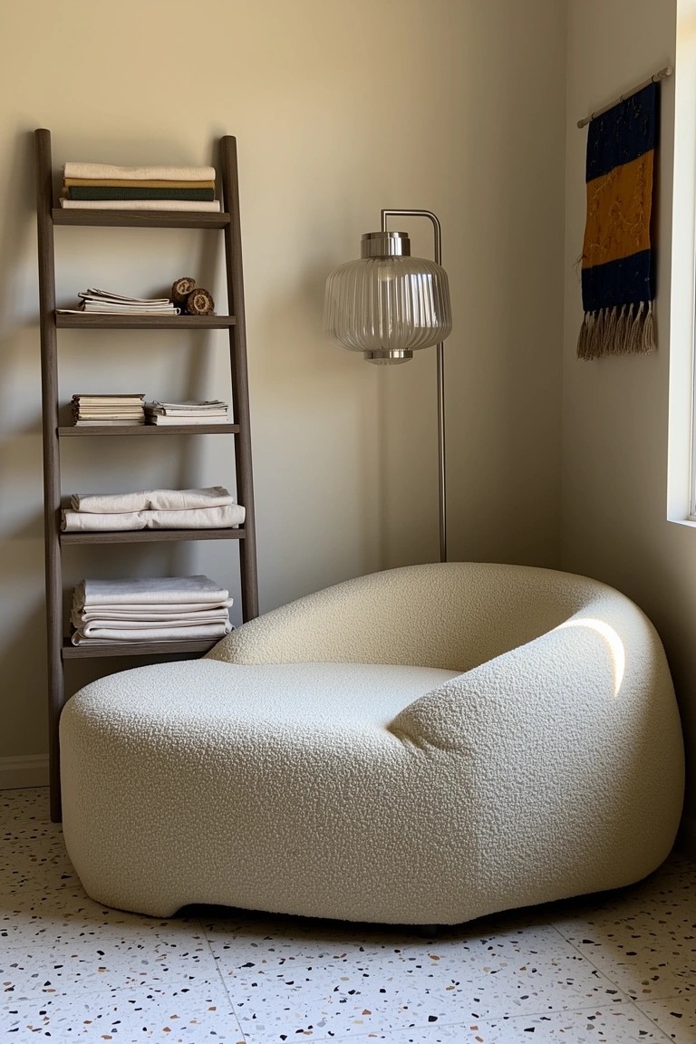 Wooden ladder shelf stocked with books and folded white linens next to a curved white boucle armchair in a light boho corner with floor lamp and woven wall hanging