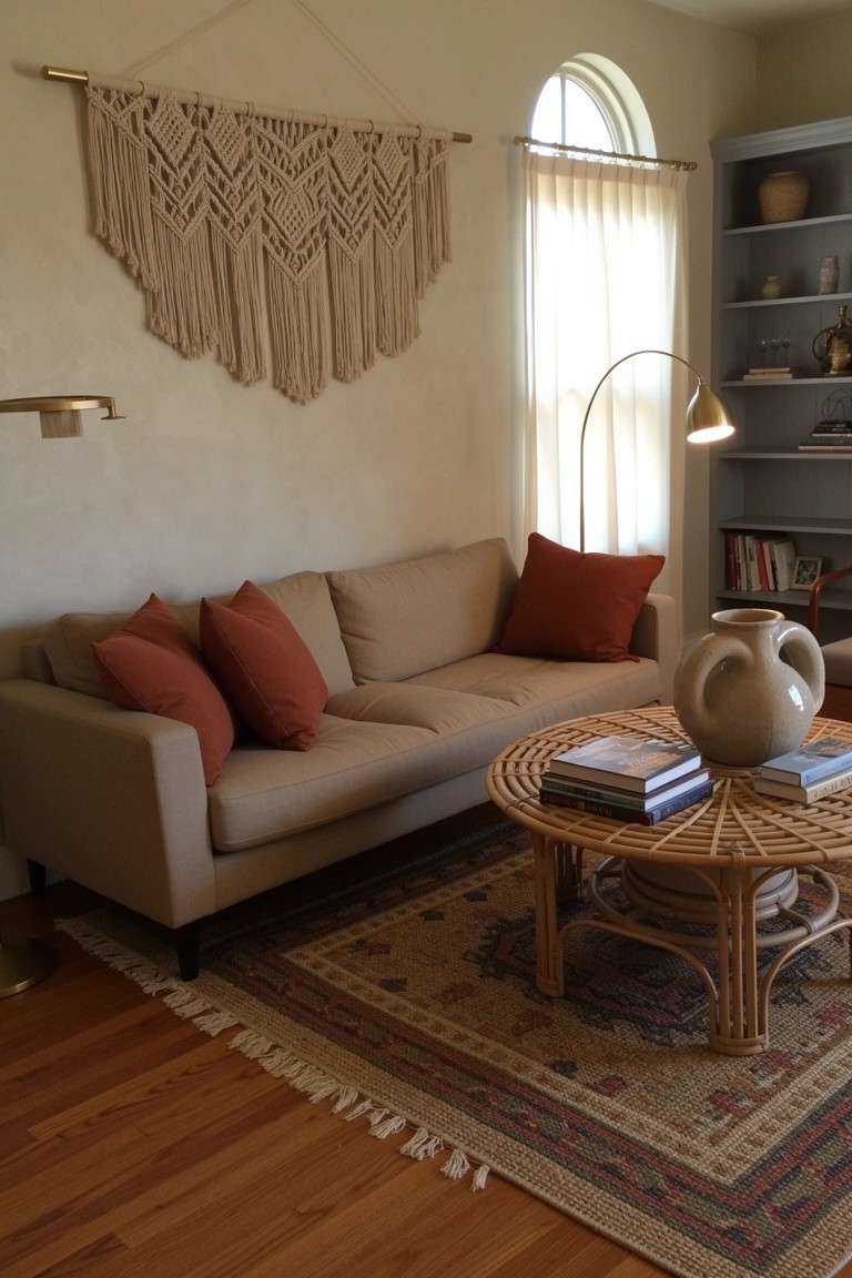 Neutral living room corner featuring a large cream macrame wall hanging above a beige sofa with rust pillows and a round rattan coffee table on a patterned rug