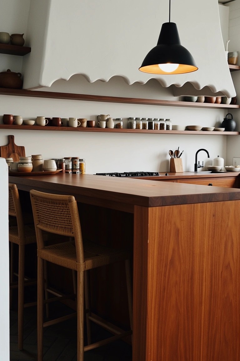 Wooden open kitchen shelves displaying assorted pottery, jars, and utensils with rattan bar stools and a scalloped white hood