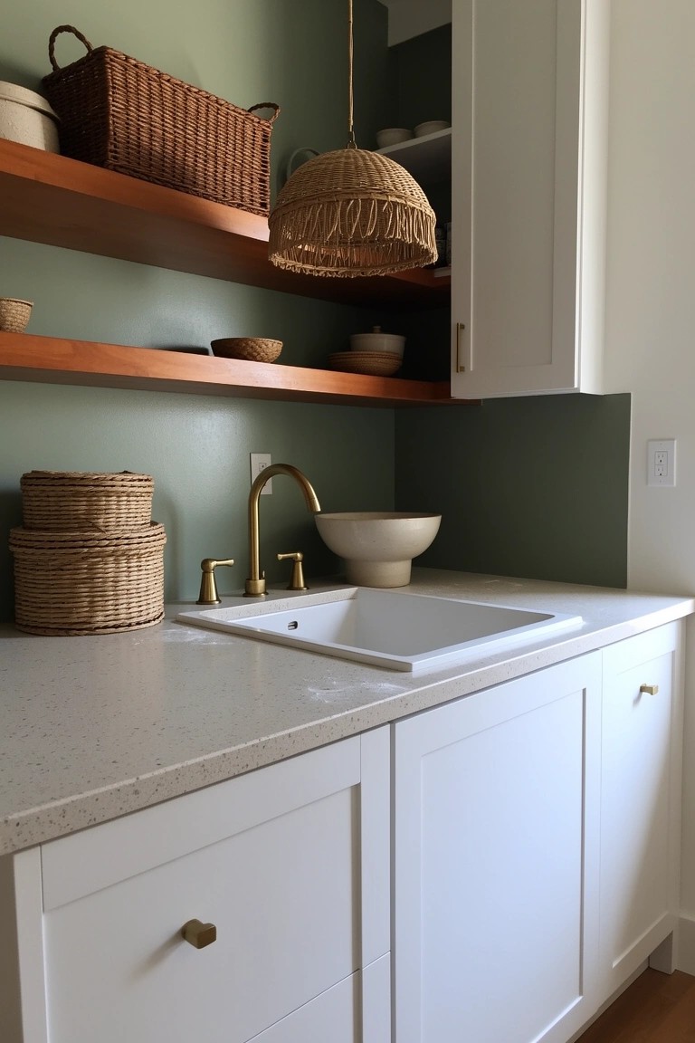 Kitchen open shelves lined with woven baskets against sage green wall, above white sink with brass faucet