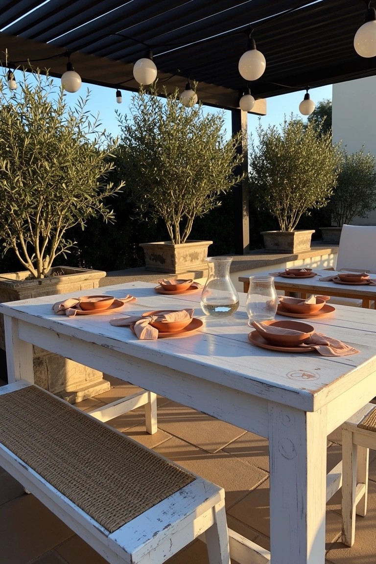White wooden dining table with terracotta bowls and beige napkins, flanked by large potted olive trees under a pergola with hanging lights