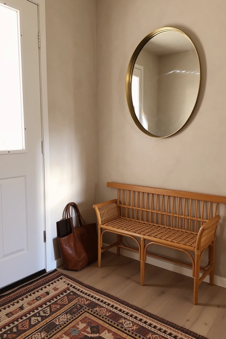 Rattan bench under a gold-framed round mirror in a neutral entryway corner with a patterned rug