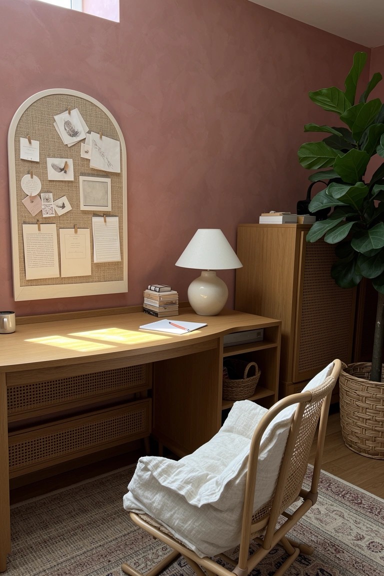 Boho chic home office nook with rattan chair featuring white cushion, wooden desk, arched cork bulletin board with pinned notes and photos, fiddle leaf fig plant, and woven basket against blush pink walls