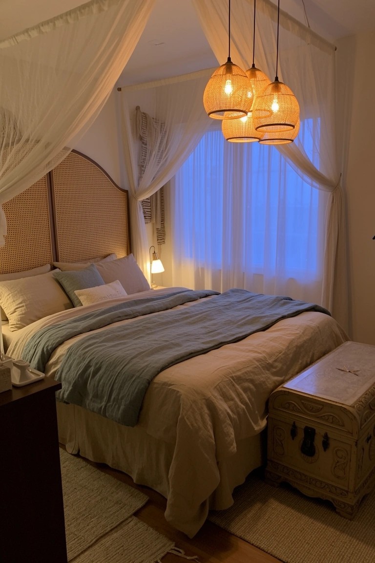 Boho bedroom with sheer white canopy drapes over rattan headboard bed, blue linens, woven pendant lamps, and wooden bench at foot