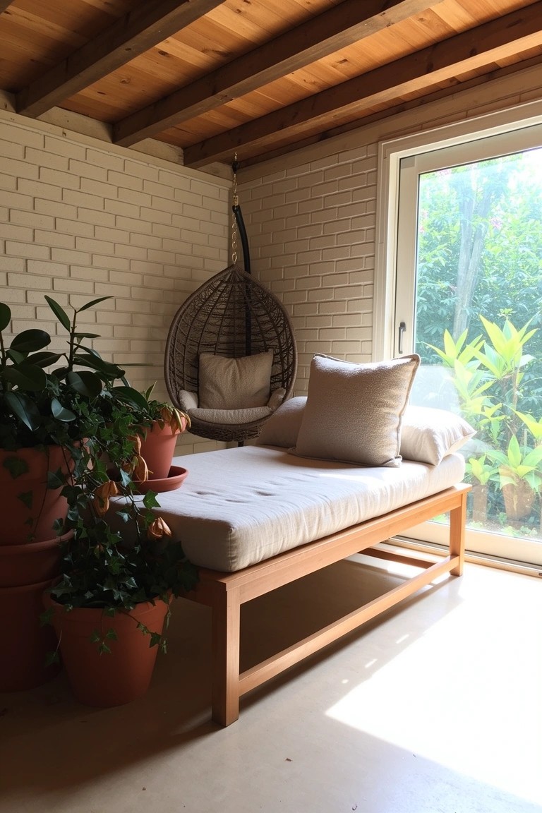 Sunlit white brick sunroom with low wooden daybed, potted plants, hanging chair, and view to greenery through sliding doors