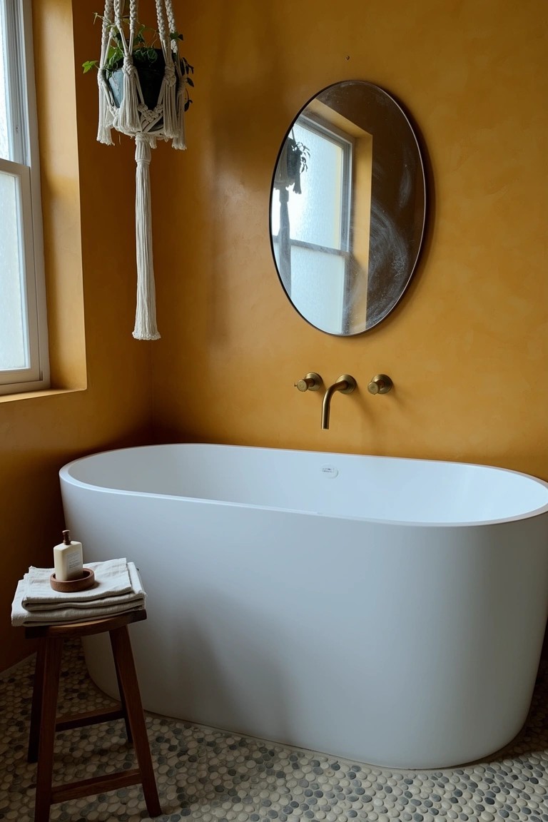 Freestanding white bathtub against terracotta walls in a boho bathroom with hanging plants and wooden stool