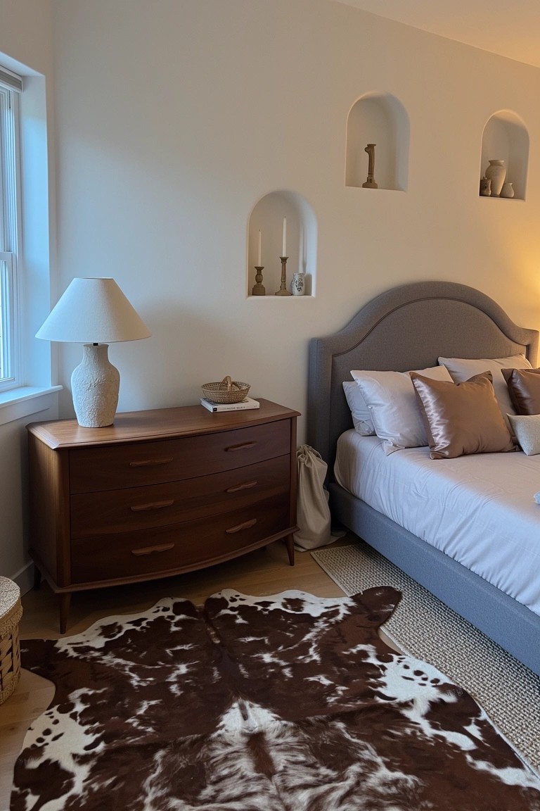 Bedroom corner featuring recessed arched wall niches with candles and pottery, a mid-century wood dresser topped with a white lamp, cowhide rug, and gray upholstered bed with neutral pillows