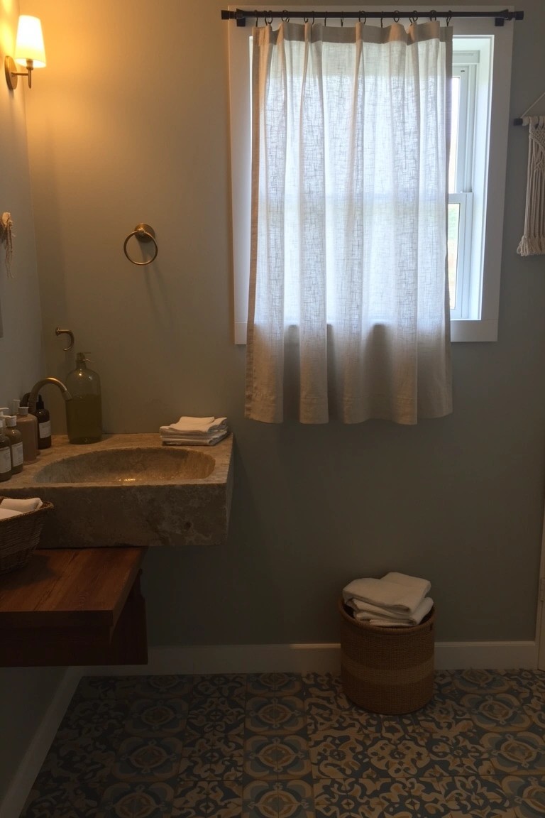 Bathroom vanity with floating wood shelf and stone sink, sheer curtains at window, patterned tile floor