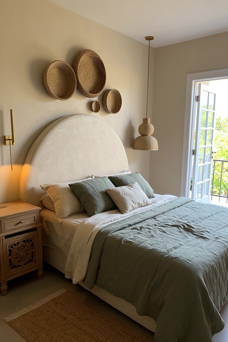 Boho chic bedroom with woven baskets grouped on beige wall above curved cream headboard, sage green bedding, and wooden nightstand